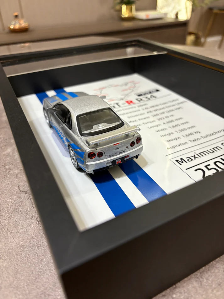 Nissan Skyline GT-R R34 Framed Diecast Art – Nürburgring Edition – 32cm x 23cm