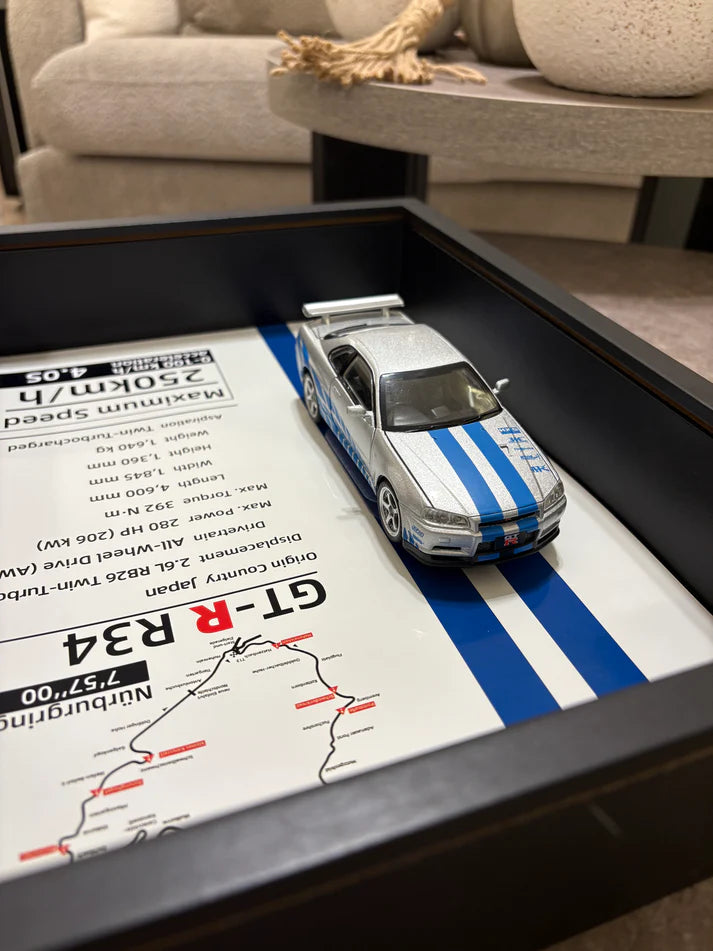 Nissan Skyline GT-R R34 Framed Diecast Art – Nürburgring Edition – 32cm x 23cm