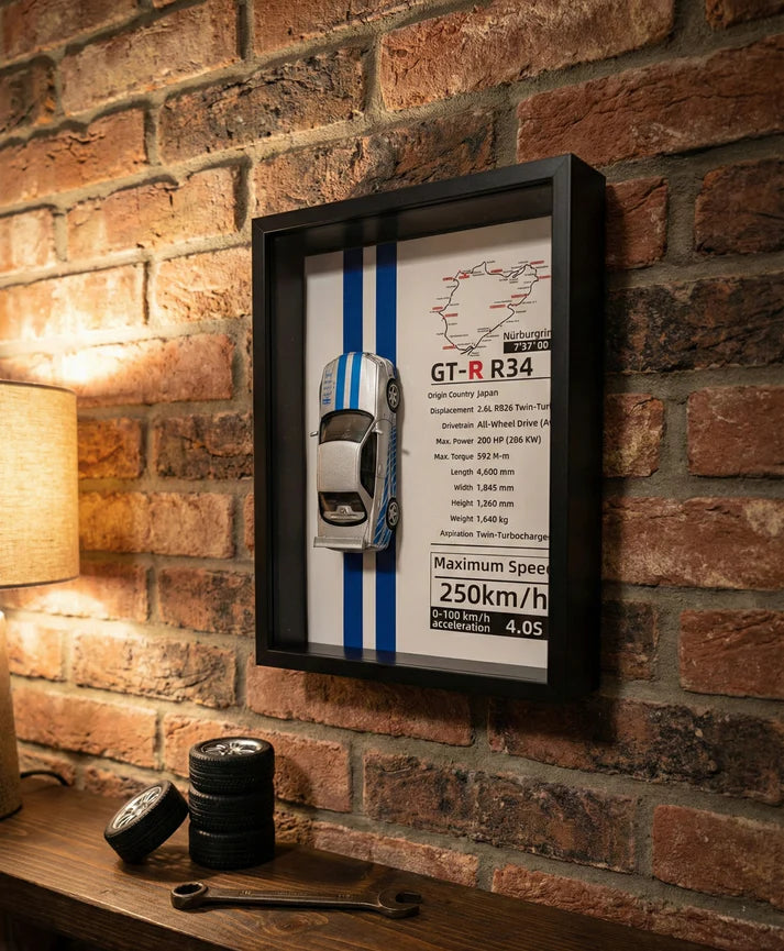 Nissan Skyline GT-R R34 Framed Diecast Art – Nürburgring Edition – 32cm x 23cm