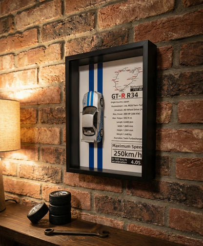 Nissan Skyline GT-R R34 Framed Diecast Art – Nürburgring Edition – 32cm x 23cm